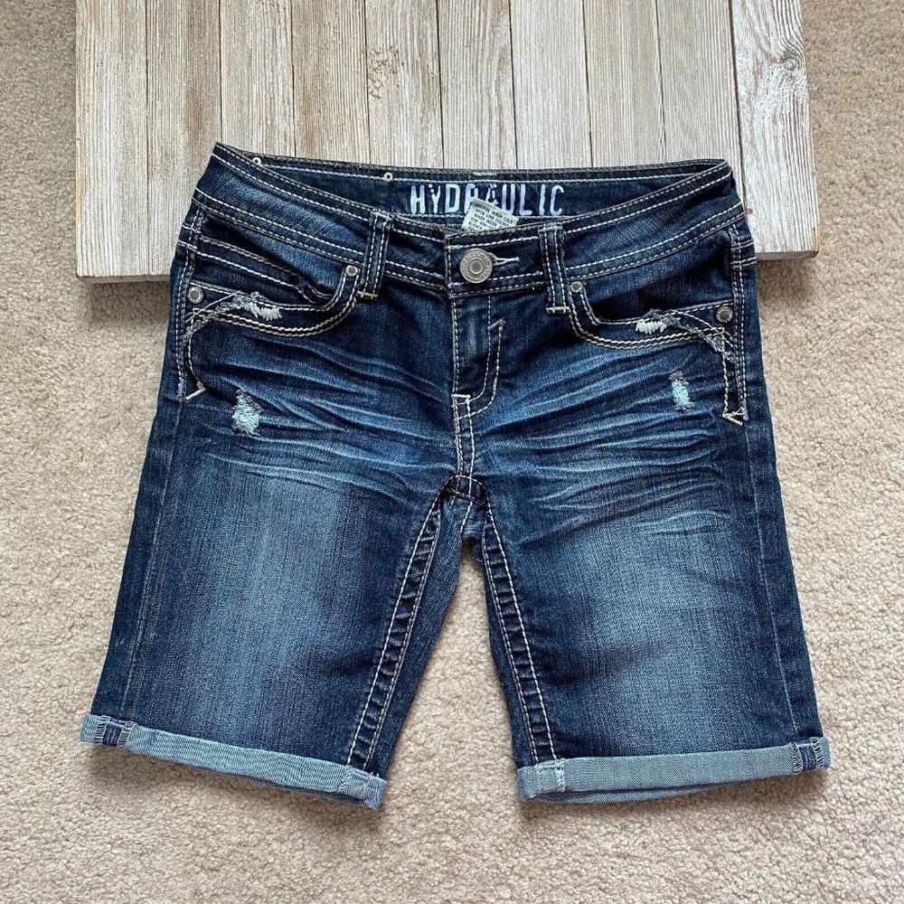 Hydraulic Juniors 5 / 6 Cuffed Denim Dark Wash Bermuda Shorts Threaded Accents